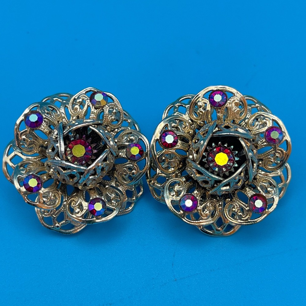 Vtg‎ Sarah Coventry Vintage Aurora Borealis Rhinestone Filigree Clip On Earrings